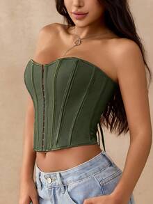 Apperloth 复古系带露背胸衣，钢骨支撑，金属孔眼，露背塑身衣，短款抹胸，万圣节服装，秋冬女装 - 綠色 - 查看 5