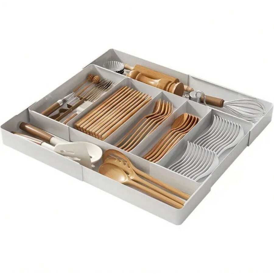 Expandable Drawer Organiser – Adjustable Kitchen Utensil Tray For Forks, Spoons, Knives And Chopsticks, Multi-Compartment Divider, Durable Plastic, Space-Saving Design (Height Under 27cm), Kitchen Storage | Modern Kitchen Accessory | Multi-Purpose Organiser For Drawers And Tables
