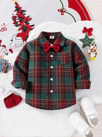 Young Boy Party Gentleman Bow Tie Long Sleeve Shirt With Collar, Plaid Formal Dress Shirt Suitable For Autumn/Winter Season Valentine's Day