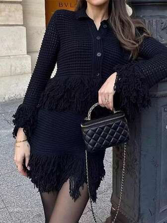 SOLTRB 女士休闲宽松小众设计针织纯色流苏前扣罗纹两件套，日常穿着