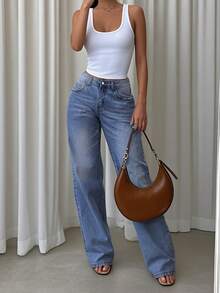 Quần jeans ống rộng dáng suông màu xanh dương cổ điển cỡ lớn, phong cách thường ngày đa năng, phù hợp cho mùa xuân/hè, kiểu dáng ống đứng, thích hợp cho kỳ nghỉ, lễ hội, phong cách denim và nhiều dịp khác nhau, lựa chọn lý tưởng cho những buổi đi chơi thường ngày. - Rửa tối - Xem 5