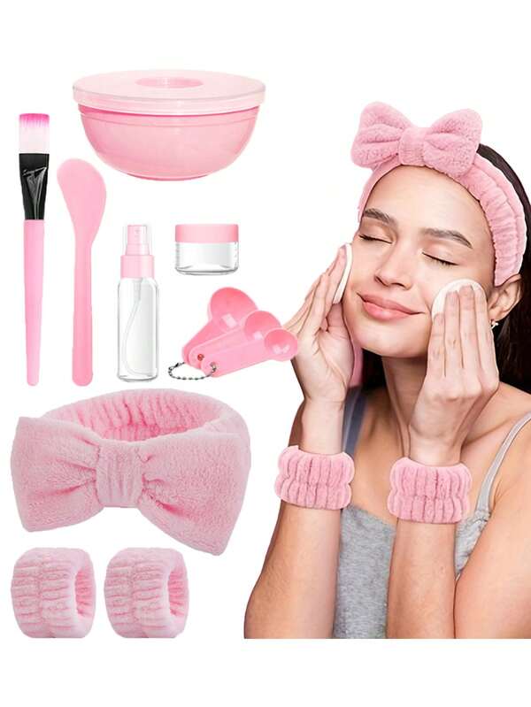 12pcs Facial Mask Beauty Tools Set, Including Bow Headband, Wristband, Mask Bowl, Refillable Bottles