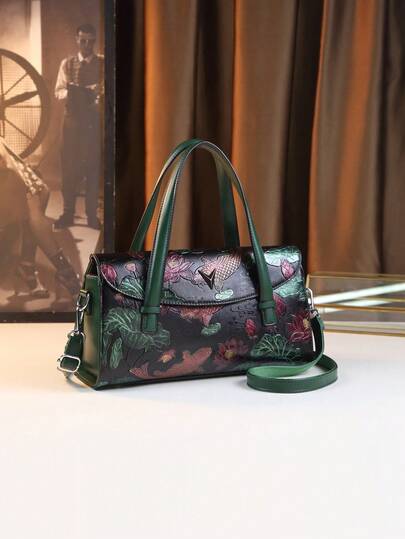 全新手绘渐变雕花女士手提包，复古奢华法棍包，浮雕纹理通勤手提包