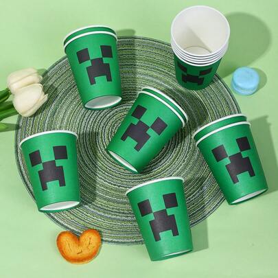 10/20/40/60pcs Pixel Miner Game Disposable 9oz Paper Cups, Pixel Style Cartoon Theme Party Decorations, Suitable For Camping, Picnic, Garden BBQ, Wedding, Birthday Party, Special Themed Party, Holiday Celebration