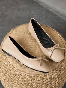 MonaNise Damen Mode Quadratische Zehenkappe Flache Schuhe mit Schleife in Apricot, Schwarz & Weiß Outdoor Lässig High-End Khaki vielseitige Ballerinas - Aprikosenfarben - Übersicht 3