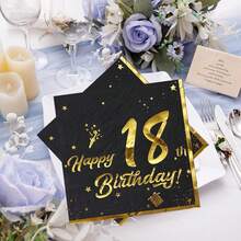 Gold-Stamped 18th Birthday Happy Patterned Tissue Paper. Disposable Printed Table Napkins For Party And Gathering, 20 Pieces.