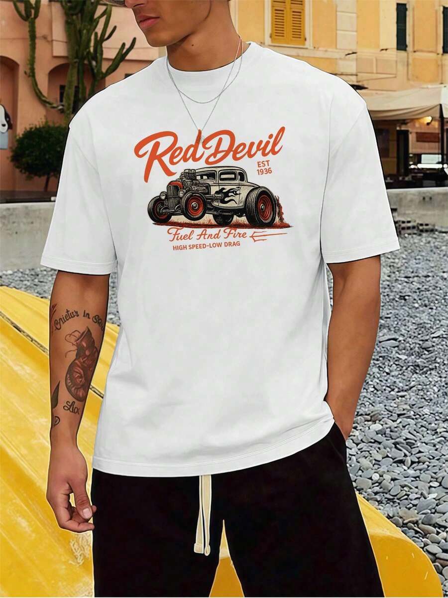 Red Devil Car Racing Tee Men's  Streetwear Graphic T-Shirt,Durable Cotton, Durable  Stylish, Stylish Graphic Design