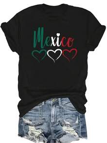[Camiseta de Moda Casual] Camiseta suave y cómoda para mujer - Diseño de corazones de México Casual de manga corta y cuello redondo, regalo perfecto para la abuela y la mamá, uso casual de primavera y verano - Negro - Ver 1