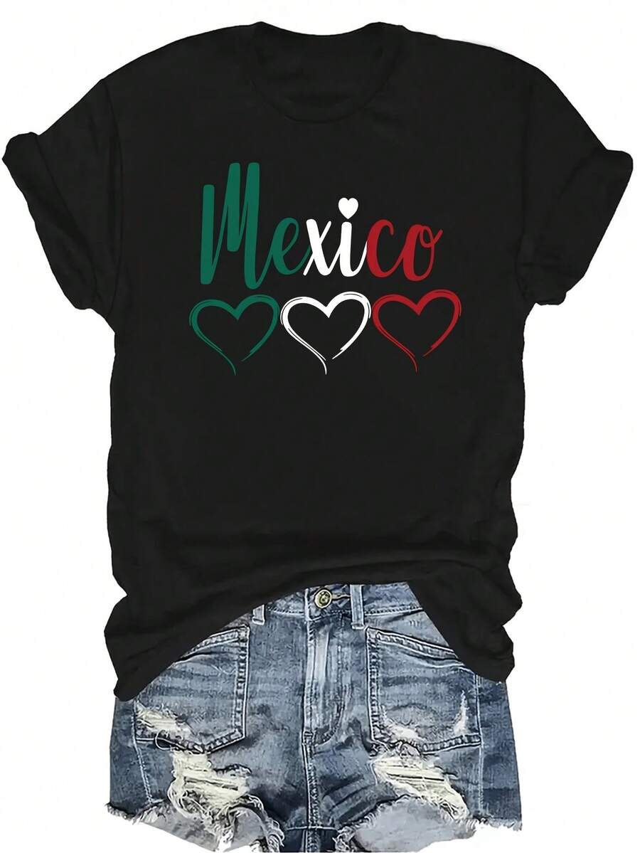 [Camiseta de Moda Casual] Camiseta suave y cómoda para mujer - Diseño de corazones de México Casual de manga corta y cuello redondo, regalo perfecto para la abuela y la mamá, uso casual de primavera y verano - Negro - Ver 1