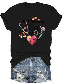 [Camiseta de moda casual] Camiseta suave y cómoda para mujer - Corazón de enfermería Estetoscopio Amor Casual de manga corta Cuello redondo Parte superior, regalo perfecto para la abuela y la mamá, uso casual de primavera y verano - Negro - Ver 1