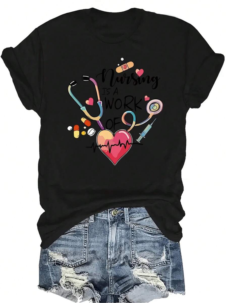 [Camiseta de moda casual] Camiseta suave y cómoda para mujer - Corazón de enfermería Estetoscopio Amor Casual de manga corta Cuello redondo Parte superior, regalo perfecto para la abuela y la mamá, uso casual de primavera y verano - Negro - Ver 1