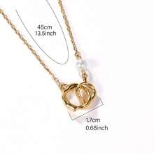 1pc Minimalist Gold Pearl Double Ring Pendant Necklace, Classic Chain Design Suitable For Women's Daily Wear, Fashionable Accessory