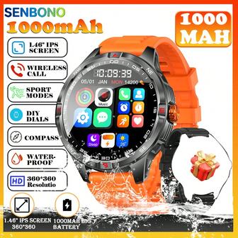  SENBONO smartklocka för män, inbyggt batteri på 1000 mAh, ultralång standbytid, stöd för självuppringning, över 100 sportlägen, trådlösa samtal (svar/uppringning), sömnövervakning, smartklocka med sportspårning - perfekt present till födelsedag, fars dag, pojkvän, kompatibel med Android och iOS