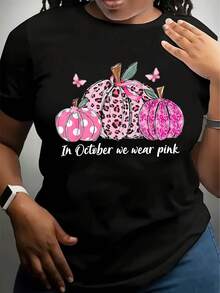 Women's & Women's Breast Cancer Awareness T-Shirt - October We Wear  Ribbon Design With  Ribbon & Hearts, Short Sleeve Round Neck Casual Tee For Cancer,  &  Balloon & Ribbon Print,,220g