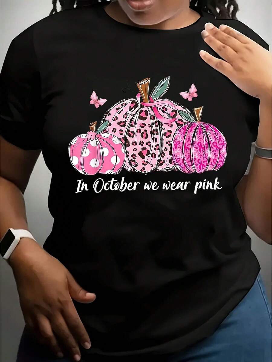 Women's & Women's Breast Cancer Awareness T-Shirt - October We Wear  Ribbon Design With  Ribbon & Hearts, Short Sleeve Round Neck Casual Tee For Cancer,  &  Balloon & Ribbon Print,,220g