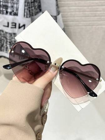 甜美火辣女孩风格派对最佳朋友风格 1 件心形粉灰色眼镜无框渐变镜片，适合女性度假装扮、酒吧时尚配饰，适合夏季海滩度假、户外、旅行色调派对风格心形镜框，适合音乐节