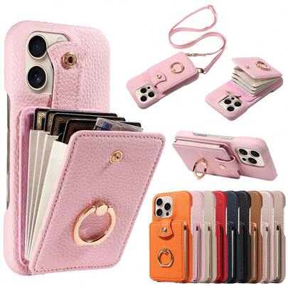 荔枝纹多卡位斜挎真皮手机壳，带风琴式卡套，兼容苹果17 Pro Max/17 Pro/Air/17/16 Pro Max/16/15/14/13/12/11，A16系列，防震防盗