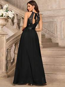 MIUSOL Đầm maxi dự tiệc trang trọng, hở lưng, xếp ly, chất liệu chiffon đính sequin và ren hoa, thích hợp cho khách dự đám cưới, lễ tốt nghiệp, tiệc chiêu đãi và các dịp khác, màu đen mùa xuân, thích hợp cho ngày Valentine. - màu đen - Xem 3