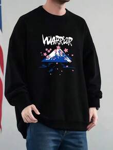 Warrior Graphic Print Oversized Men's Casual Sweatshirt - Thick Warm Pullover With Snowflake & Mountain Design, Long Sleeve Round Neck, Loose Fit For Autumn Winter,Fall Hoodies,Men's Fall Clothes,Street Wear,Halloween,Mens Hoodies,Y2k Clothes,Jesus Hoodie,Thanksgiving Day,Nightmare Before Christmas,Christmas - màu đen - Xem 1
