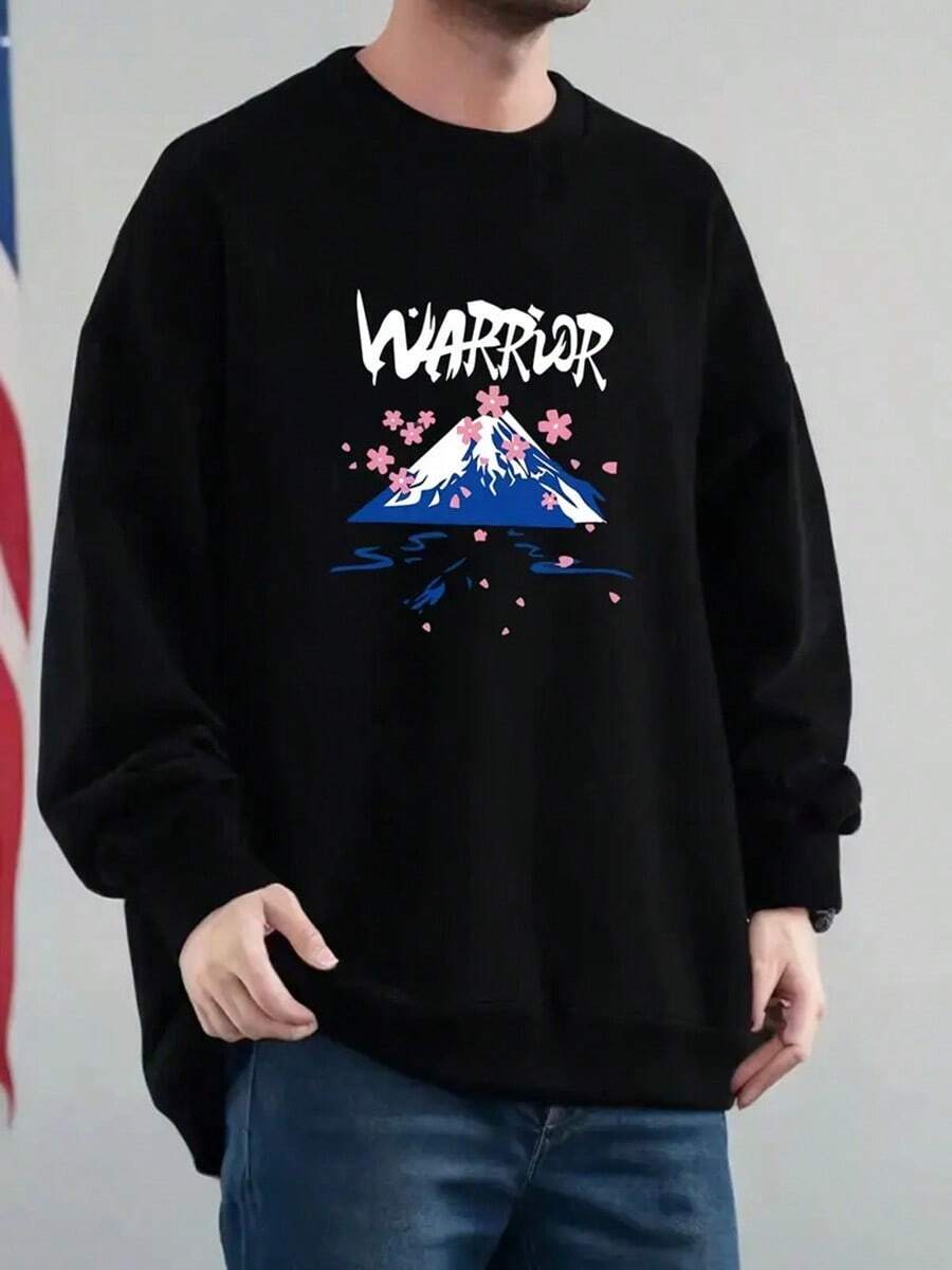 Warrior Graphic Print Oversized Men's Casual Sweatshirt - Thick Warm Pullover With Snowflake & Mountain Design, Long Sleeve Round Neck, Loose Fit For Autumn Winter,Fall Hoodies,Men's Fall Clothes,Street Wear,Halloween,Mens Hoodies,Y2k Clothes,Jesus Hoodie,Thanksgiving Day,Nightmare Before Christmas,Christmas - màu đen - Xem 1