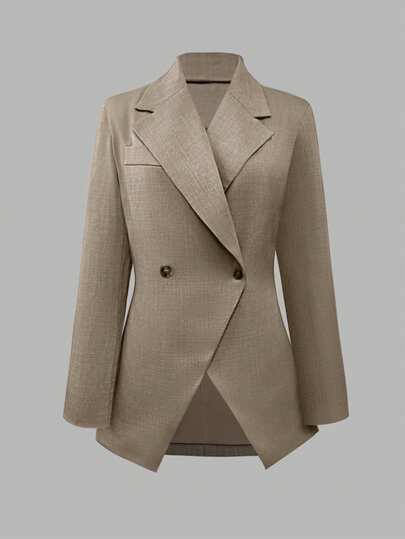 Women's Casual Versatile Notched Collar Long Sleeve Double-Breasted Chic Khaki Blazer Jacket, Autumn/Winter