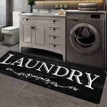 1 Piece Black And White Text Pattern Floor Mat, Suitable For Laundry Room Floor Decoration Non-Slip Carpet, Comfortable Soft Standing Mat For Corridor Kitchen - Color - View 1