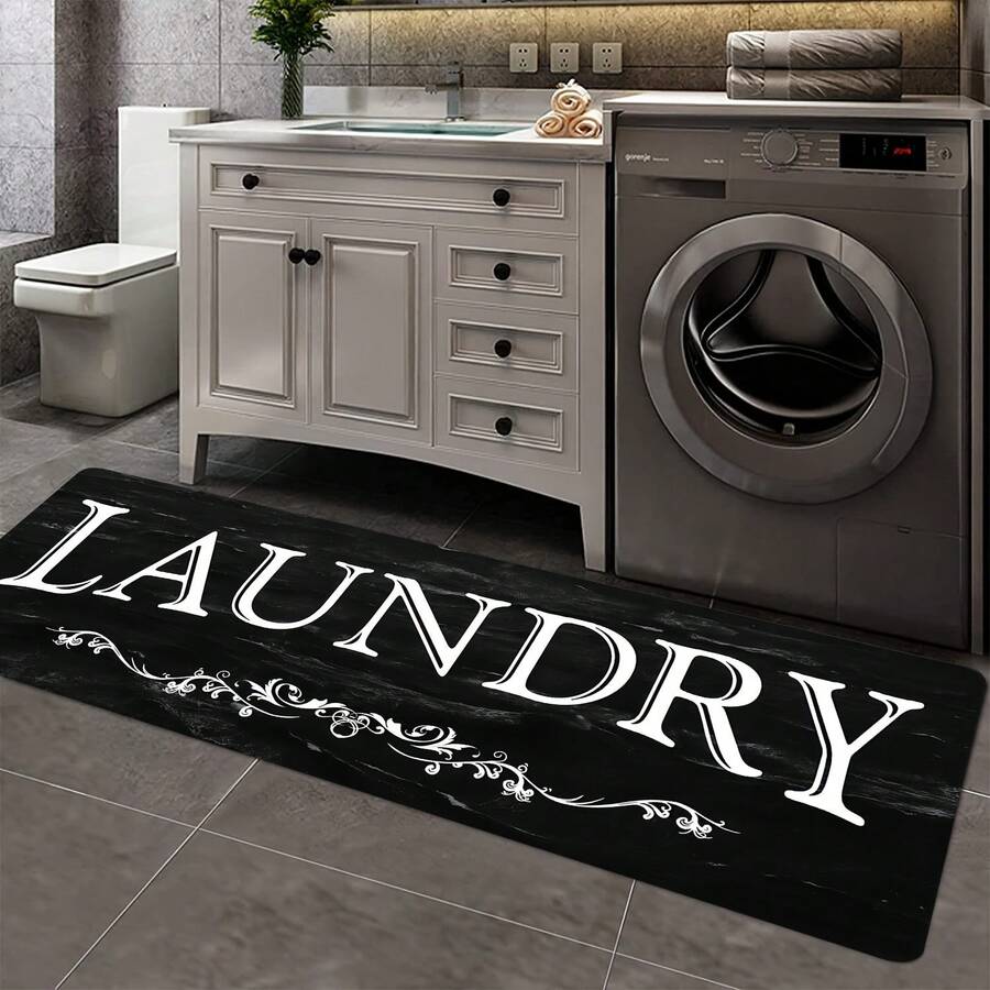 1 Piece Black And White Text Pattern Floor Mat, Suitable For Laundry Room Floor Decoration Non-Slip Carpet, Comfortable Soft Standing Mat For Corridor Kitchen - Color - View 1