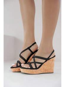 Women Platform Wedge Sandals Cork Slingback Wedges Espadrilles Heels Summer Fashionable Shoewear - Black - View 2