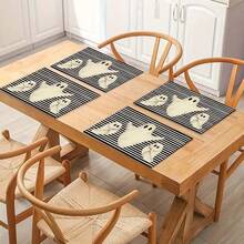 4 piezas Manteles individuales de lino con estampado de fantasma a rayas y gatito para Halloween - Manteles rectangulares de lino tejido para decoración de comedor, cocina, mesa de café y mesa de comedor - Multicolor - Ver 14
