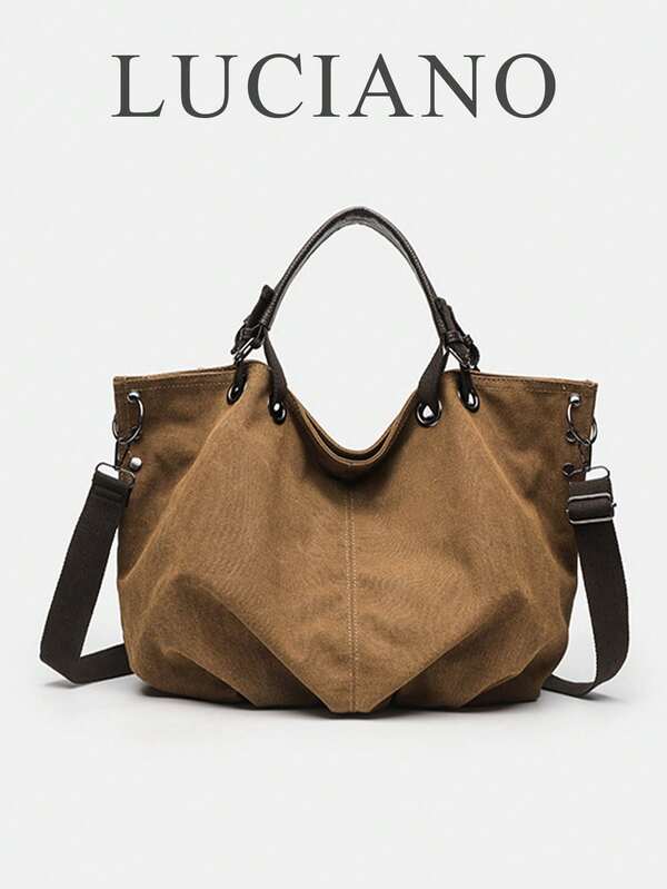 Bolsa feminina, marrom, bolsa tote de lona vintage com rebites para trabalho, bolsa multifuncional portátil de grande capacidade em estilo neutro, bolsa transversal de lona estilo funcional americana, adequada para formadores de opinião, casais, estudantes, trabalhadores de escritório, usada para deslocamento, atividades ao ar livre, vida diária, viagens, curta distância, tamanho grande