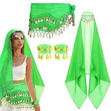 Belly Dance Set Belly Dance Chiffon Hip Scarf, Bandana Wrist Bracelet Dance Accessories With Gold Coins - Multicolor - View 7