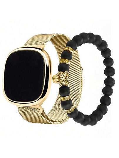 1 Set Casual Fashion Gold-Tone Digital Watch & Beaded Leopard Bracelet, LED Square Watch, Hollow Magnetic Strap, Versatile For Daily, Party, Christmas & Birthday Gift