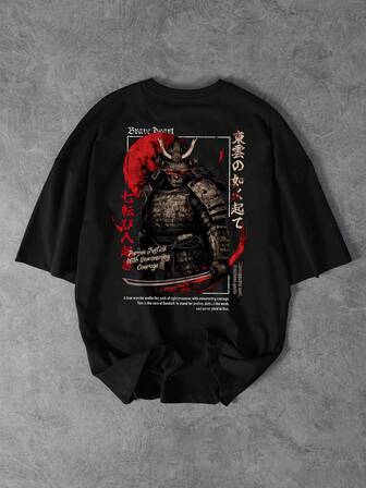 男士休闲日本恶魔武士图案印花圆领 T 恤，黑色