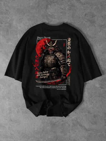男士休闲日本恶魔武士图案印花圆领 T 恤，黑色