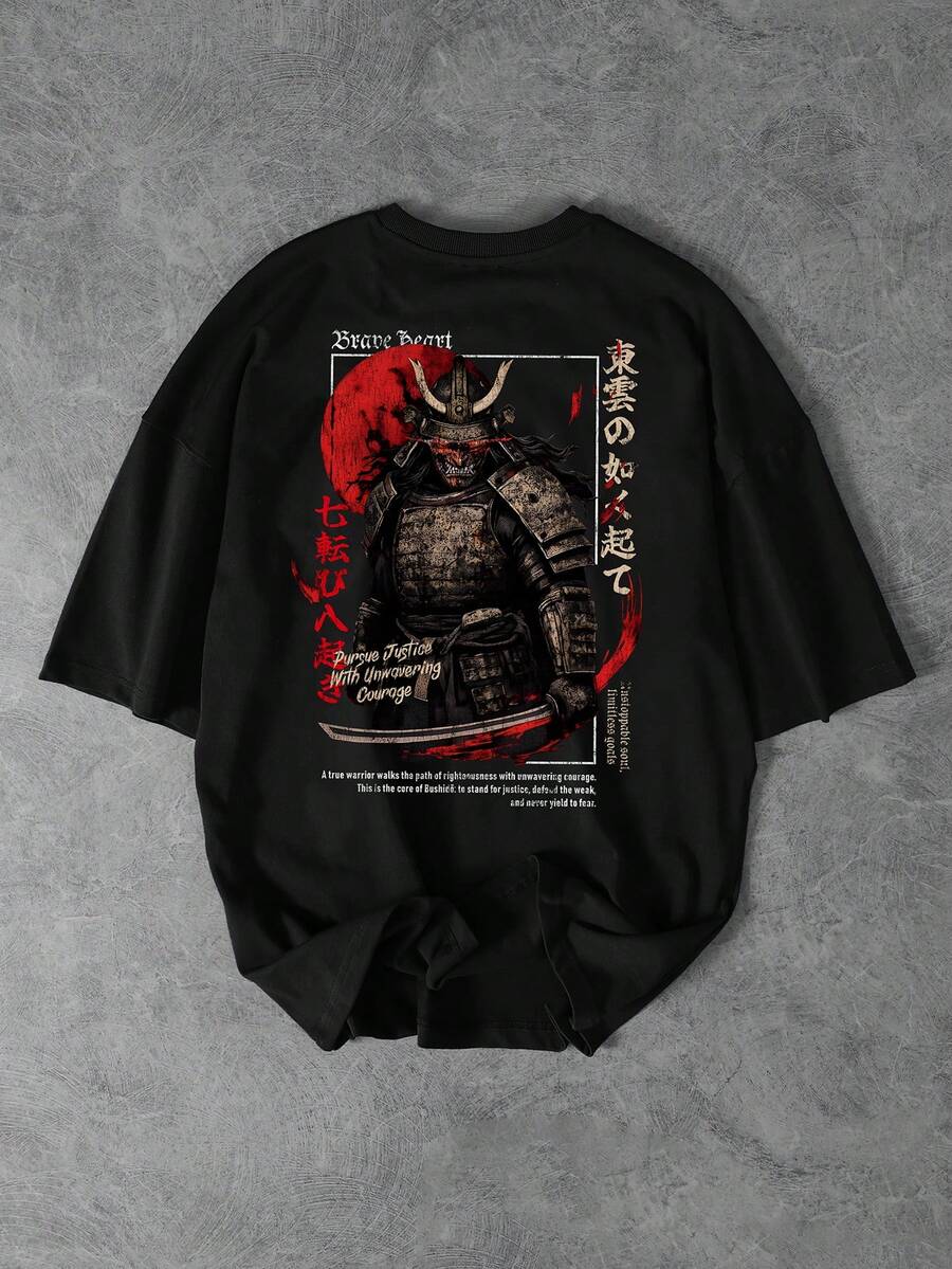 男士休闲日本恶魔武士图案印花圆领 T 恤，黑色 - 黑色 - 查看 1