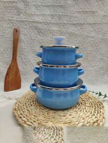 3件套搪瓷炊具套装，加厚双耳搪瓷烹饪锅，适用于燃气和电磁炉，包括带盖汤锅，搪瓷炖锅，搪瓷碗