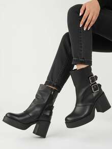 Bottines plateforme en  avec boucles décoratives - Noir - Voir 1