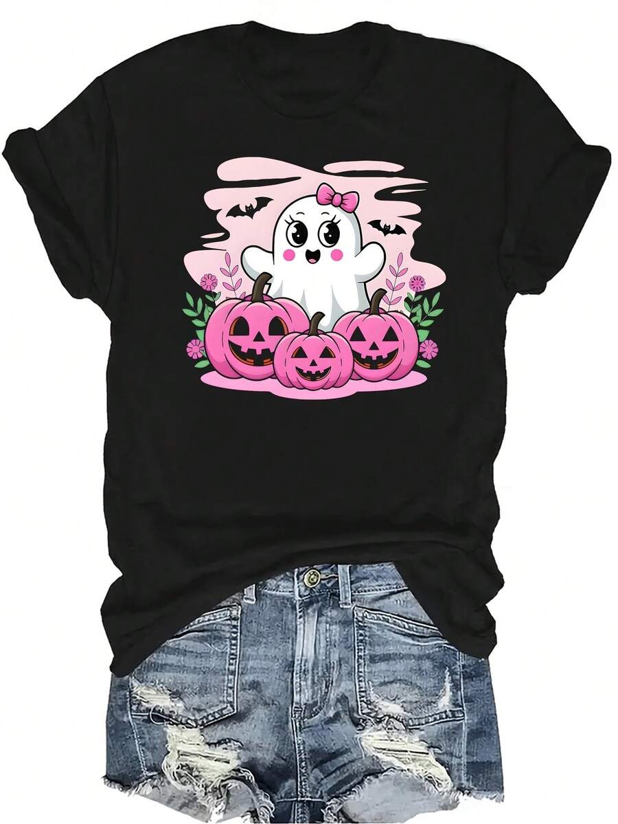 [Camiseta de Moda Casual] Camiseta de mujer suave y cómoda - Camiseta de cuello redondo de manga corta con diseño de fantasma y calabaza de Halloween, regalo perfecto para la abuela y la mamá, uso casual de primavera y verano - Negro - Ver 1