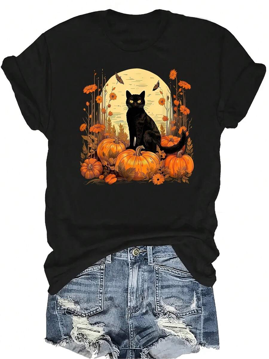 [Camiseta de Moda Casual] Camiseta suave y cómoda para mujer - Gato de Halloween, calabazas, luna, manga corta, cuello redondo, top casual, regalo perfecto para la abuela y la mamá, uso casual de primavera y verano - Negro - Ver 1