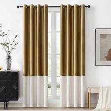 Black Gold Color Block Window Curtains Panels 84 Inches Long Farmhouse Drapes Bedroom Living Room Darkening Treatment With Grommet Set Home Decor - 金奶油色 - 查看 9