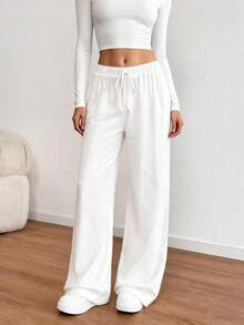 Women's Casual Versatile Solid Color Wide Leg Pants Fall Cloth For Womenwith A Stylish Fake Drawstring And Pockets - White - View 8