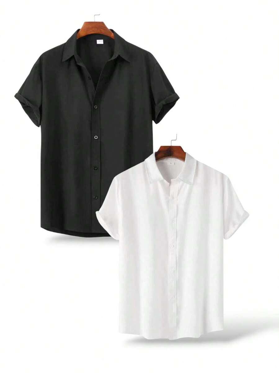 JL KIT 2 Short Sleeve Summer Viscose Shirt, Breathable And Skin-Friendly, Suitable For Business Casual Or Relaxing Moments - 黑白 - 查看 1
