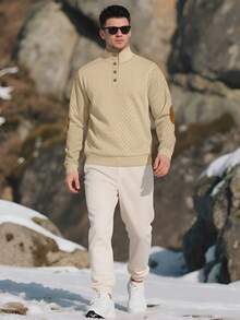 Men's Jacquard Knit Long Sleeve Top, Autumn/Winter Minimalist Stand Collar Undershirt, Solid Crew Neck T-Shirt, Men's Long Sleeve T-Shirt, Holiday Gift For Boyfriend