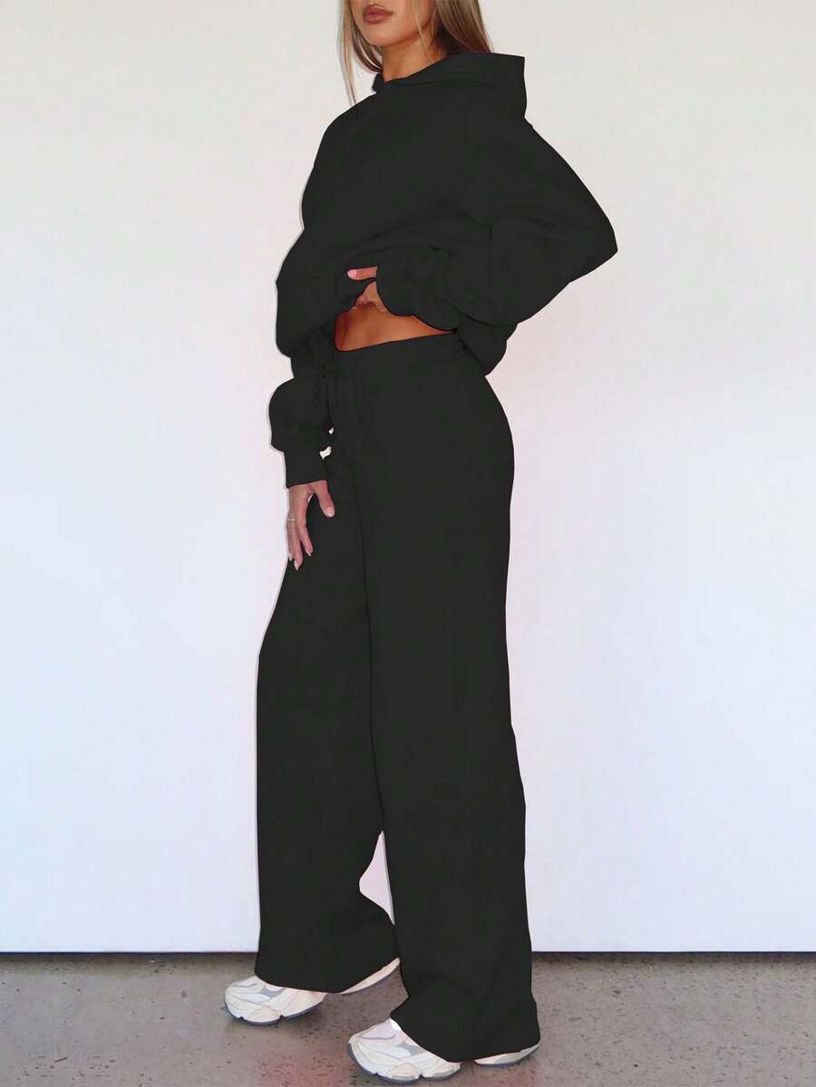 秋冬休闲纯色卫衣两件套，带帽口袋上衣搭配松紧腰抽绳直筒裤，两件套。黑色套装 - 黑色 - 查看 1