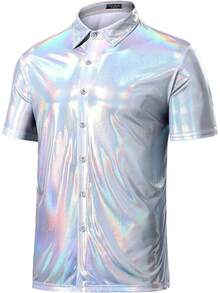 Mens Sequin Top 70s Outfit Disco Rave Party Collared T-Shirt Short Sleeve Breathable Metallic Shirthalloween - Putih - View 1