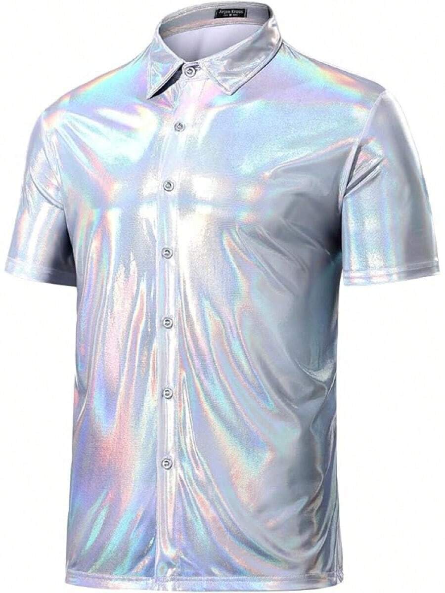Mens Sequin Top 70s Outfit Disco Rave Party Collared T-Shirt Short Sleeve Breathable Metallic Shirthalloween - Putih - View 1