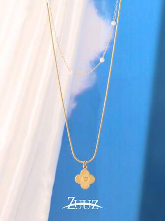 1 st rostfritt stål dubbellagershalsband långt hänge halsband smycken fuskpärlkedja fyrklöver hänge dubbelkedja halsband för kvinnor vardagskläder