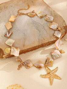 1pc Bohemian Style Ocean Inspired Star Pendant Necklace With Blue-Green And Gold Beads - Versatile Women's Accessory For Vacation, Party, Casual Wear - Durable Year-Round Gift, Charm Necklace, Ocean Themed Jewelry, Stable Color Beads, Holiday Gift - Multicolor - View 10