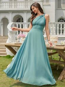 Volly Toych Cadet Blue A-Line One Shoulder Keyhole Ruched Chiffon Elegant Maxi Formal Bridesmaid Dress, Wedding Guest - Teal Blue - View 6