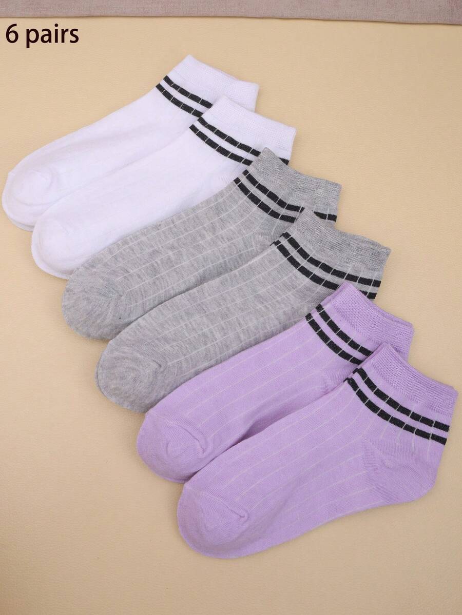 6 Pairs Women's Striped Short Socks, Fashionable & Versatile Daily Wear, Minimalist & Casual, Moisture-Wicking, Suitable For All Seasons And Occasions - Multicolor - View 1